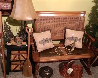 Outstanding Beautiful rare wood, leather, and cane Love Seat rocker.
