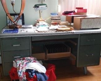 Vintage MCM Industrial Style Desk w Similar Period Industrial Style Rolling Office Chair w wheels.