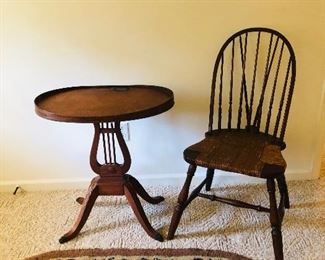 Lyre side table and braceback Windsor chair with rush seat