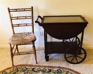 Antique Ball and stick chair with rush seat
Vintage mahogany tea cart with removable glass tray