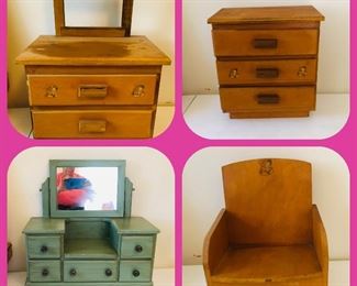 Doll Furntiure 
Dresser 19x18x8
Chest 13x13
Dresser 17x12x9
Chair 9x8