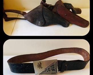 Leather holsters and leather belt with square dancing buckle 