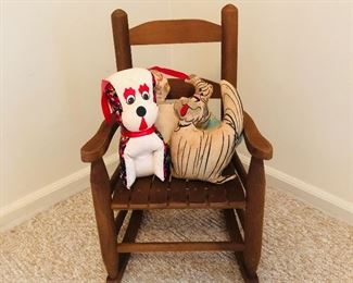 Childs rocker with vintage stuffed toys