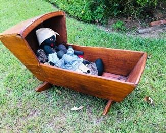 Primitive hooded baby cradle 
Handmade dolls