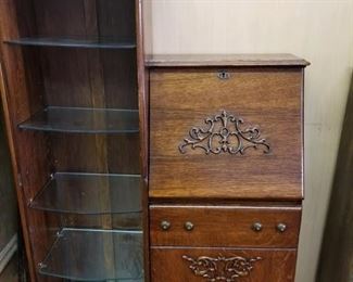 American Oak Side by Side Desk Curio Cabinet Bookcase