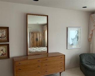 Mid Century California teak dresser & with matching nightstands & head board (with king bed frame)$900 set of 3