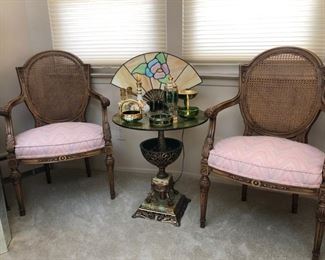 Pair cane chairs , table & green glass 
