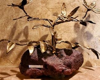 Unique Vintage signed Lava rock & brass sculpture 