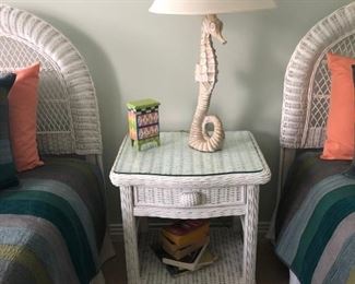 Purchased at Wicker World. Glass tops on both night stand and dresser. Seahorse lamp. Got a beach house? Nice art on walls beach themed. 