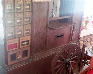 antique spinning wheel oak post office boxes
