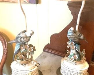 pair of porcelain bird lamps