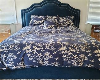 navy suede-like cushioned headboard/bed...approximately 86" long x 84" wide x 69" high