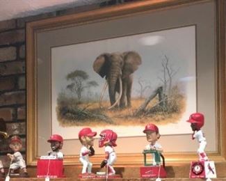 "Ahmed of Kenya" print with original signature 912/1000, by Denis Murphy (1935-2012, S. Africa). From "Hunt Collection. Mt. Kenya Safari Club." Cardinals bobbleheads including Dexter Fowler; Adam Wainwright & Yadier Molina (on one stand conversing); Mike Matheny; Eddie Gaedel (St. Louis Browns; 3’ 7”, made a plate appearance in a 1951 double header against the Detroit Tigers).