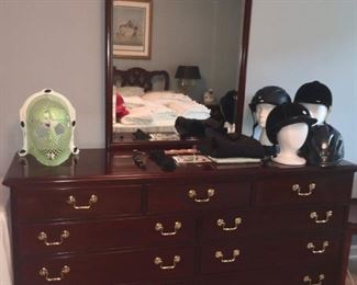 Thomasville dresser and mirror. Equestrian hats, jackets.