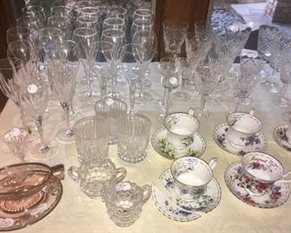 Flamingo glass French dressing boat (2 piece) with sterling silver overlay by Heisey (left front). Waterford "Alana" wine glasses and water goblets.