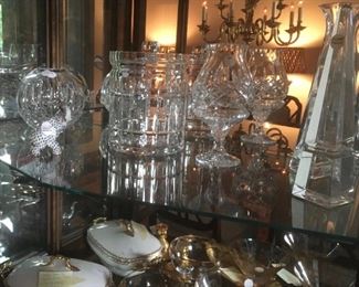 Waterford crystal pieces: Lismore rose bowl, 2-piece ice bucket, compote. Baccarat crystal obelisk. Herend elephant.