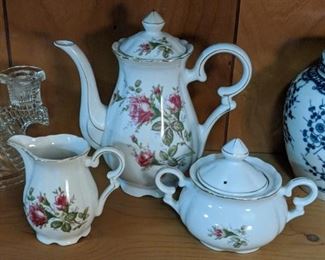 Moss Rose Tea Pitcher, Creamer and Sugar