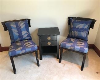 Par of Curved back Black chairs with two drawer asian stand