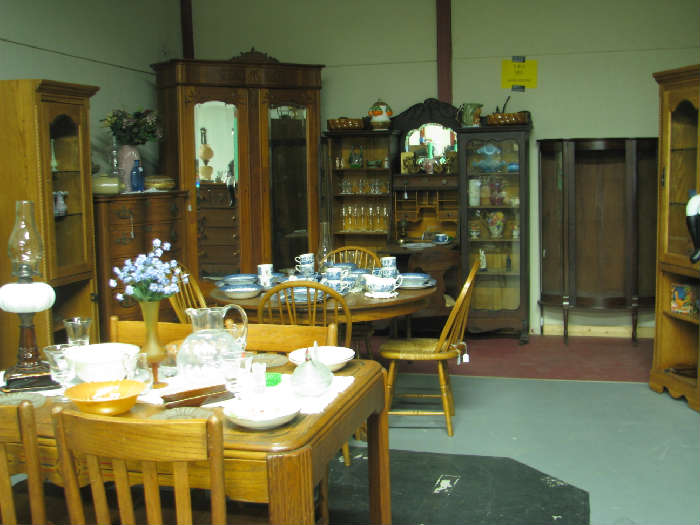 1904 matching maple armorie and highboy/ chest (Marked made in New Orleans LA), Several tables, chairs, and display cabinets.