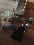 Egg cups, Curtain tie backs, Porcelain Doll, and old hardware.