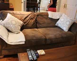 Broyhill Ultrasuede sofa (91 1/2”l  x 38”h x 37 1/2”d)/loveseat (67 1/2”l x 38”h x 37 1/2”d)  Asking sofa $360, loveseat $280
