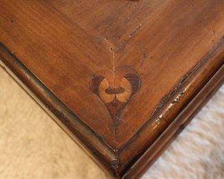 Substantial inlaid coffee table with storage drawer, 55”w x 29 1/2” x 18 1/2”h  Asking $350
