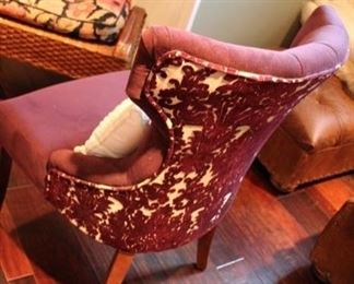 Purple velvet side chair with decorative back, 35”h x 20”d x 23 1/2” at top, seat 22”w   Asking $80
