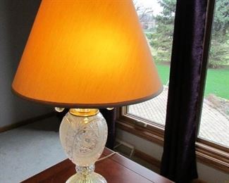 PAIR (SET OF TWO) Heavy cut crystal lamps with shades. 30" tall. PRICE FOR PAIR: $125.00 (FOR TWO)