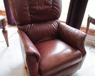 Smaller size leather La-Z-Boy recliner (2 available and priced separately). Light wear from use and very comfortable. 31" w x 30" d x 41"h. PRICE: $125.00