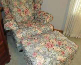 Smith Brothers floral upholstered arm chair with ottoman. Chair dimensions are 40" tall x 32" wide x 38" deep. PRICE: $200.00