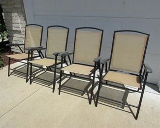 SET of (4) folding lawn chairs. some wear to finish but very sturdy. 38" tall x 23" wide x 22" deep. PRICE FOR SET OF (4): $40.00