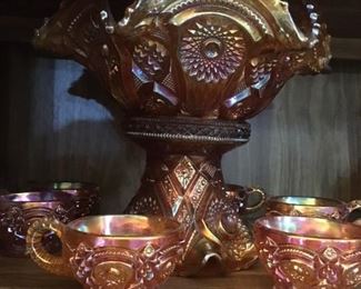 Carnival Glass Punch Bowl and Cups