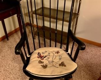 HALF OFF!  $30.00 now, was $60.00......Pretty Decaled Rocking Chair with Butterfly Needlepoint Chair Pad 