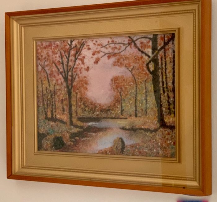 HALF OFF!  $40.00 now, was $80.00......Reverse Painting On Glass, 22" x 18" pretty fall colors, good condition(PLB)