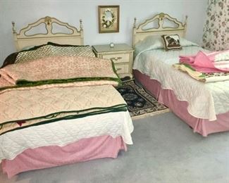 French Provincial twin beds, many hand made quilts & bedding 