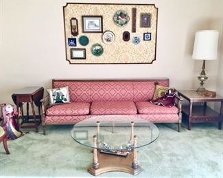 Mid-Century Modern sofa, side tables, glass top coffee table, lamps