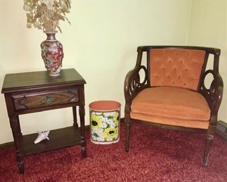 Side table, Metal wastebasket, living room chair 