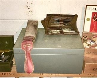 vintage clipper, metal & wood boxes, wooden spools