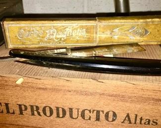 antique straight edge razor, wooden cigar boxes