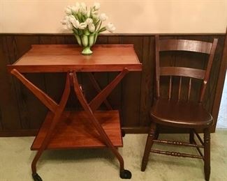 Mid-Century 4 wheel serving cart, antique chair