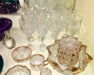 Crystal stems (12), pattern glass berry bowl set, toothpick holder, misc. bowls, cup