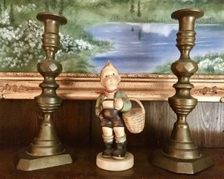 Brass candlesticks, larger Hummel figurine