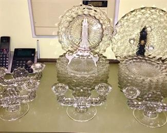 American Fostoria candle sticks, plates and cake plate/serving tray