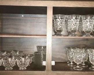 American Fostoria cups & saucers, parfait glasses, stems