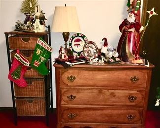 Storage stand w/ 5 drawers/baskets, 3 drawer antique chest of drawers, Christmas collectibles