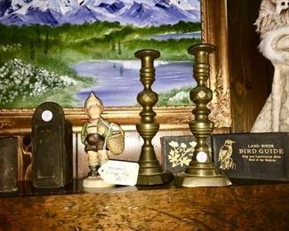Primitive wooden candle box, Hummel figurine, pair candle sticks, 1916 & 1917 bird & flower guides