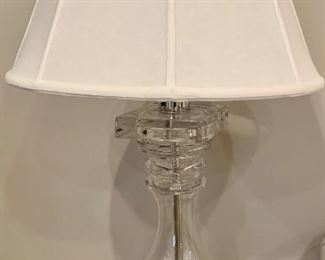 $995 PAIR; Clear crystal baluster lamp with silk shade. One of two. 34.5"H