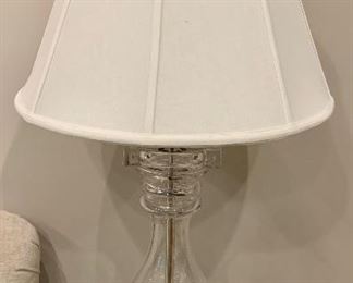 PAIR; Clear crystal baluster lamp with silk shade. Two of two. 34.5"H