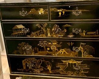 $2,500; American Early 1800's Chippendale style black lacquered chest with gilt accents and 5 drawers; 40.75"H x 20.75"D x 42.5"W