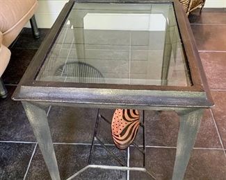 Detail: Metal and glass occasional table; 24"H x 20"D x 26"W